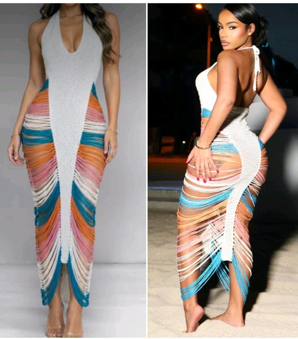 HALFHEART Miami Crochet Open-Knit Halter Maxi Dress Fringe Cutout Sides Sz Large